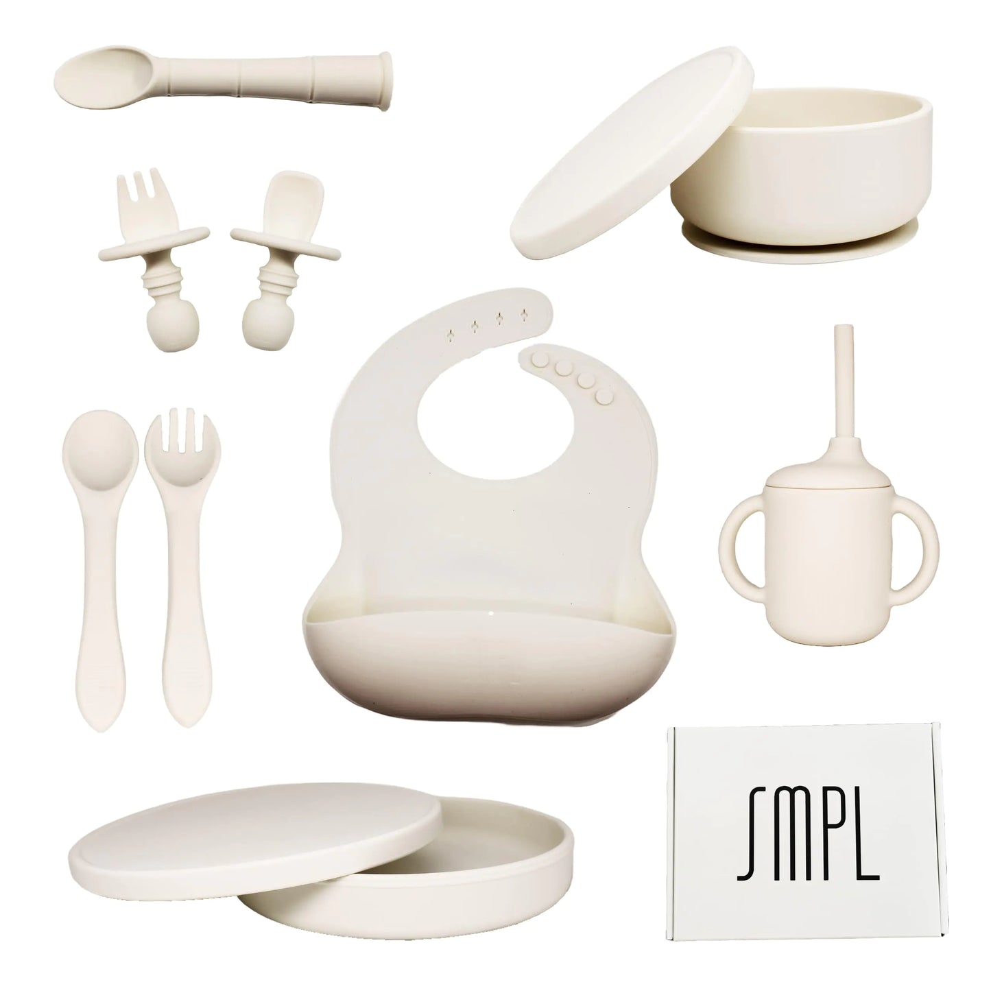 Premium Baby Led Weaning Silicone Eating Utensils Essentials Set Minimalist Simple Plate Bowl Covers Lid Cup Straw Forks Spoons Bib Milky White Gift Infants Toddlers Birthday Baby Shower Christmas