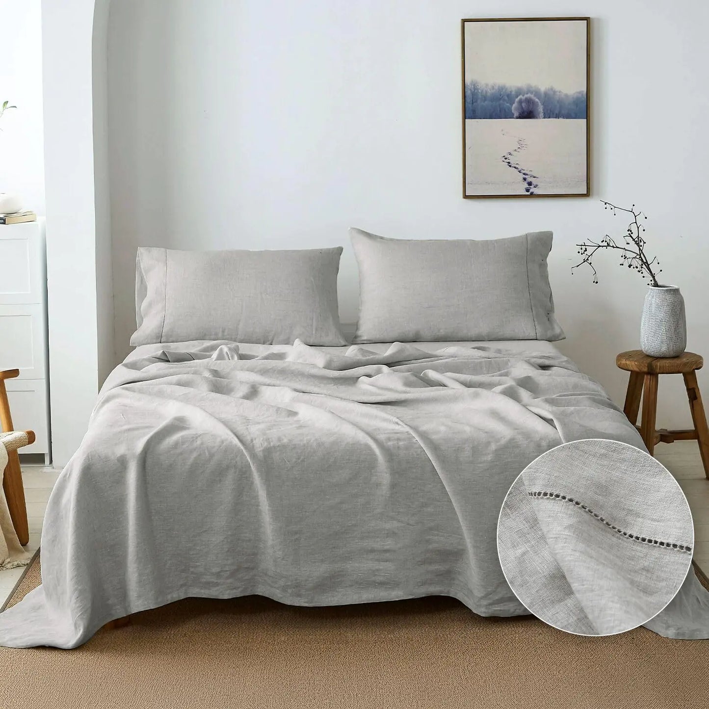 Hand-Stitched Pure Linen Sheet Set : Twin Size (3 Piece, Oeko-Tex Certified)