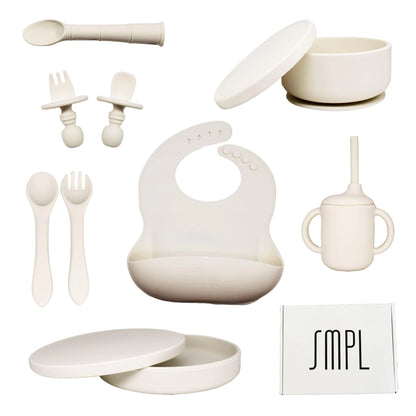 Premium Baby Led Weaning Silicone Eating Utensils Essentials Set Minimalist Simple Plate Bowl Covers Lid Cup Straw Forks Spoons Bib Milky White Gift Infants Toddlers Birthday Baby Shower Christmas